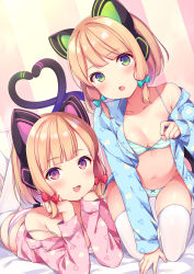 Rule 34 | 2girls, :d, animal ear headphones, animal ears, bed sheet, blonde hair, blue archive, blue bow, blue shirt, blush, bow, bow bra, bow panties, bra, breasts, cat ear headphones, cat ears, cat tail, commentary request, fake animal ears, green eyes, hair bow, headphones, heart tail duo, highres, kneeling, kofuyu (cofyuuun), legs up, long sleeves, looking at viewer, lying, midori (blue archive), momoi (blue archive), multiple girls, no pants, off shoulder, on stomach, open clothes, open mouth, open shirt, pajamas, panties, pink shirt, red bow, red eyes, ribbon, shirt, short hair, siblings, sisters, sleepwear, sleeves past wrists, small breasts, smile, striped bra, striped clothes, striped panties, tail, thighhighs, twins, underwear, white legwear