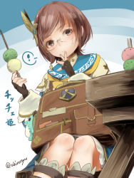 Rule 34 | !, 1girl, :t, akino shuu, bag, black gloves, blue background, blue skirt, brown eyes, brown hair, closed mouth, commentary request, copyright request, dango, feet out of frame, fingerless gloves, food, frilled skirt, frills, glasses, gloves, holding, holding food, looking at viewer, sanshoku dango, sitting, skirt, solo, spoken exclamation mark, sweat, swept bangs, translation request, twitter username, two-tone background, wagashi, white background