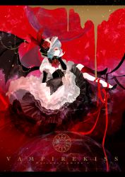 Rule 34 | 1girl, alternate costume, bat wings, blue hair, commentary, flower, frilled skirt, frills, grey hair, hat, letterboxed, mochinue, neck ribbon, red eyes, red theme, remilia scarlet, ribbon, rose, short hair, skirt, solo, touhou, wings