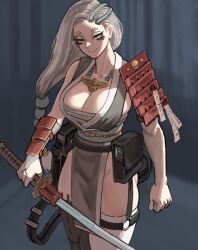 absurdres armor blue_eyes breasts bridal_gauntlets chest_sarashi cleavage collarbone electrical_outlet grey_hair highres holding holding_sword holding_weapon japanese_armor katana long_hair mechanical_legs ninja purity_seal sarashi shoulder_armor single_mechanical_leg skull soldat_(dndosld73832) sword thighhighs warhammer_40k weapon