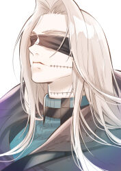 Rule 34 | 1boy, absurdres, black blindfold, blindfold, blonde hair, brown cloak, cloak, closed mouth, commentary request, expressionless, green sweater, highres, long hair, male focus, noxxia39, ragnarok online, shadow cross (ragnarok online), sidelocks, simple background, solo, stitched neck, stitches, sweater, turtleneck, turtleneck sweater, upper body, white background
