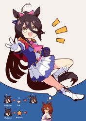 Rule 34 | 2girls, :&gt;, absurdres, agnes tachyon (umamusume), ahoge, alternate hairstyle, animal ears, ascot, asymmetrical gloves, black hair, blush, boots, brown hair, buttons, clenched hand, closed mouth, cosplay, double-breasted, closed eyes, gloves, hair between eyes, highres, horse ears, horse girl, horse tail, jacket, long hair, long sleeves, looking at viewer, manhattan cafe (umamusume), mismatched gloves, multiple girls, notice lines, open mouth, petoka, pink ascot, pleated skirt, ponytail, skirt, sleeves past fingers, sleeves past wrists, smile, tail, teeth, thinking, thought bubble, tokai teio (umamusume), tokai teio (umamusume) (cosplay), umamusume, upper teeth only, w, white footwear