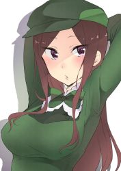 Rule 34 | 1girl, arm up, blush, bow, breasts, brown hair, dorothy (princess principal), green bow, green hat, green shirt, hat, highres, long hair, looking at viewer, princess principal, purple eyes, shirt, simple background, sk02, solo, upper body, white background
