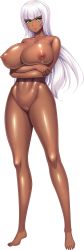 Rule 34 | 1girl, aoi nagisa (metalder), barefoot, blunt bangs, breasts, completely nude, copyright request, crossed arms, curvy, dark-skinned female, dark skin, expressionless, full body, green eyes, hadashi shoujo, highres, huge breasts, long hair, nipples, no pussy, nude, shiny skin, siris ismalia, solo, standing, transparent background, white hair
