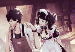 Rule 34 | 1boy, 1girl, absurdres, amamiya ren, apron, arms behind back, black eyes, black hair, black neckwear, black shirt, blunt bangs, bow, bowtie, breasts, cleavage, closed eyes, closed mouth, collarbone, cowboy shot, desk, desk lamp, frills, glasses, hands up, highres, indoors, juliet sleeves, kawakami sadayo, lamp, long sleeves, looking at another, maid, maid apron, maid headdress, medium breasts, medium hair, one eye closed, persona, persona 5, pin, puffy sleeves, shirt, short hair, short sleeves, sleeves rolled up, smile, standing, sweatdrop, twintails, upper body, watch, white shirt, wristwatch, yuu (isis7796)