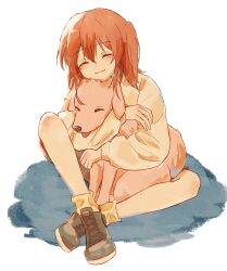 Rule 34 | 1girl, ^ ^, animal, animal hug, black footwear, bocchi the rock!, boots, chin rest, closed eyes, closed mouth, commentary, crossed legs, dog, facing viewer, full body, hair between eyes, head on head, head rest, head tilt, highres, kita ikuyo, light blush, long sleeves, mimmf, red hair, side ponytail, sidelocks, simple background, sitting, smile, socks, solo, sweater, tongue, tongue out, white background, yellow socks, yellow sweater