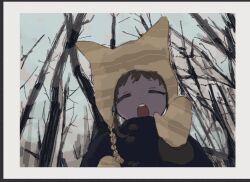 Rule 34 | 1girl, aikatsu!, aikatsu! (series), animal ear headwear, arisugawa otome, bare tree, beanie, black coat, border, brown hair, brown hat, brown mittens, buttons, closed eyes, coat, commentary request, earflap beanie, facing viewer, fake animal ears, forest, hand up, hat, mittens, nature, open hand, open mouth, osouzai-kun, outdoors, overcast, short bangs, short eyebrows, sidelocks, sky, solo, tree, white border