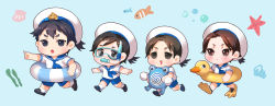 Rule 34 | 4boys, :o, absurdres, aged down, bird, blue background, blue neckerchief, blue sailor collar, blue shorts, brown eyes, brown hair, chibi, child, closed mouth, clownfish, diving mask, duck, fish, flippers, goggles, hat, hatano (joker game), highres, holding, innertube, jitsui (joker game), joker game, loafers, male focus, miyoshi (joker game), multiple boys, neckerchief, open mouth, pinkiepies2, pointing, sailor collar, sailor hat, sakuma (joker game), shoes, short hair, short sleeves, shorts, simple background, snorkel, socks, swim ring, toy, underwater, white hat, white legwear