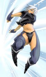 Rule 34 | 1girl, ahoge, angel (kof), blue eyes, boots, chaps, cropped jacket, fingerless gloves, gloves, midriff, navel, saturn-freak, short hair, snk, solo, speed lines, tan, the king of fighters, white hair