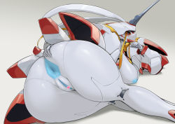 Rule 34 | 1girl, android, anus, armor, ass, ass focus, blue anus, blue nipples, breasts, censored, colored nipples, colored skin, darling in the franxx, from behind, hand on own ass, heart, heart censor, horns, joints, large breasts, looking at viewer, looking back, lying, nipples, nude, on side, pochincoff, pussy, red eyes, robot, robot joints, sideways mouth, simple background, single horn, smile, solo, strelizia, white background, white skin