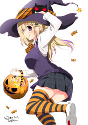 Rule 34 | 1girl, :p, :q, artist name, blonde hair, breasts, brown eyes, candy, food, halloween, hat, highres, jack-o&#039;-lantern, large breasts, long hair, original, pumpkin, ragho no erika, school uniform, signature, skirt, smile, solo, striped clothes, striped thighhighs, sweater vest, thighhighs, tongue, tongue out, witch hat