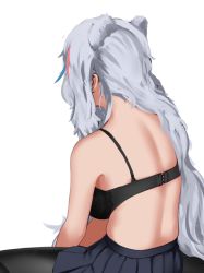Rule 34 | 1girl, animal ears, arknights, back, back focus, bare back, bare shoulders, bear ears, black bra, black pantyhose, black skirt, blue hair, bra, breasts, commentary, english commentary, from behind, grey hair, highres, kofucchi, large breasts, long hair, miniskirt, multicolored hair, pantyhose, pink hair, pleated skirt, rosa (arknights), simple background, sitting, skirt, solo, streaked hair, underwear, white background