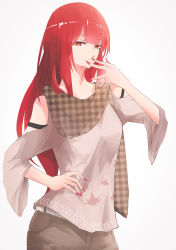 Rule 34 | 1girl, absurdres, alternate costume, bare shoulders, blunt bangs, casual, clothing cutout, crimson avenger (elsword), elesis (elsword), elsword, finger to mouth, fingernails, hand on own hip, highres, long fingernails, long hair, looking at viewer, nail polish, red eyes, red hair, red nails, scarf, shiliuye feiyu, shoulder cutout, solo, very long hair, white background