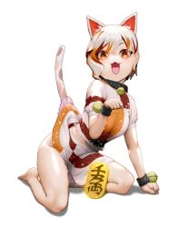 Rule 34 | 1girl, :3, animal ears, barefoot, bell, brown eyes, brown hair, burikarun, cat ears, cat tail, clothes lift, coin, fang, full body, gold, goutokuji mike, jingle bell, koban (gold), lifted by tail, looking at viewer, midriff, miniskirt, multicolored hair, neck bell, no panties, open mouth, orange hair, paw pose, shirt, short hair, short sleeves, simple background, skirt, smile, solo, streaked hair, tail, touhou, white background, white hair, white skirt