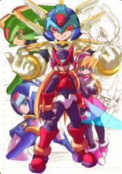 2girls 5boys alternate_costume android armor blonde_hair blue_armor blue_eyes blue_helmet breasts ciel_(mega_man) clenched_teeth copy_x_(mega_man) crop_top energy_blade energy_sword facial_mark fairy_leviathan_(mega_man) fighting_fefnir_(mega_man) forehead_jewel full_body gloves green_armor green_eyes green_helmet hair_between_eyes hands_on_own_chest helmet hidden_phantom_(mega_man) high_ponytail holding holding_sword holding_weapon kamiyama_teten long_hair looking_at_viewer mechanical_wings mega_man_(series) mega_man_zero_(series) mega_man_zero_1 midnight_bliss multiple_boys multiple_girls polearm ponytail red_armor red_eyes red_helmet robot_girl sage_harpuia_(mega_man) simple_background skirt small_breasts smile smirk spear sword teeth unfinished weapon white_background white_gloves wings z_saber zero(z)_(mega_man) zero_(mega_man)