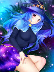 Rule 34 | 1girl, bad id, bad pixiv id, black hair, blue capelet, blue hair, blue sky, breasts, capelet, earrings, galaxy print, gigamessy, gold trim, grass, hat ornament, jewelry, large breasts, long hair, lying, on side, original, outdoors, plant, purple skirt, red eyes, skirt, sky, smile, solo, star (symbol), star earrings, swept bangs, thighs, unmoving pattern, very long hair, witch