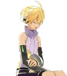 Rule 34 | 1boy, aqua nails, arm warmers, backlighting, bare shoulders, black shorts, blonde hair, commentary, d futagosaikyou, closed eyes, from side, hand on own arm, headphones, kagamine len, kagamine len (append), male focus, nail polish, open mouth, protected link, ribbed shirt, shirt, short ponytail, shorts, sleeveless, sleeveless shirt, solo, spiked hair, vocaloid, vocaloid append, white background, white shirt