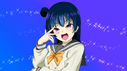 Rule 34 | 1girl, absurdres, artist name, artist request, blue background, blue hair, blush, bow, bowtie, breasts, collarbone, female focus, grey sailor collar, hair bun, hand on elbow, highres, long hair, long sleeves, looking at viewer, love live!, love live! sunshine!!, orange bow, parted lips, pink eyes, purple eyes, sailor collar, school uniform, side bun, single hair bun, small breasts, smile, solo, sparkle, sweater, sweater vest, tsushima yoshiko, upper body, uranohoshi school uniform, v, v-shaped eyebrows, v over eye, vest, yellow vest