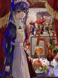 Rule 34 | 3girls, apple, apron, art room, black dress, blue bow, blue eyes, blue hair, bow, broom, brown hair, canvas (object), closed mouth, commentary request, cup, dress, drinking glass, closed eyes, flower, food, fruit, grapes, hair bow, highres, holding, holding broom, indoors, juliet sleeves, long hair, long sleeves, looking at viewer, maid, maid apron, maid headdress, multiple girls, original, paint splatter, painting (object), puffy sleeves, red flower, uokawa, vase, white apron, wine glass