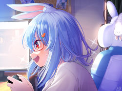 Rule 34 | 1girl, 1other, :d, alternate costume, alternate hair length, alternate hairstyle, animal ear fluff, animal ears, bedroom, blue hair, bulletin board, carrot hair ornament, chair, controller, don-chan (usada pekora), facing to the side, food-themed hair ornament, game controller, gaming chair, glasses, hair ornament, highres, hololive, indoors, looking to the side, magowasabi, monitor, open mouth, playstation controller, rabbit ears, rabbit girl, red-framed eyewear, red eyes, semi-rimless eyewear, shirt, short eyebrows, short hair, sidelocks, smile, solo, solo focus, sparkle, sweatdrop, swivel chair, t-shirt, teeth, thick eyebrows, under-rim eyewear, upper body, upper teeth only, usada pekora, virtual youtuber, white shirt