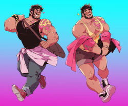 Rule 34 | 1boy, absurdres, bag, bara, bare arms, beard, black hair, black tank top, blush, bracelet, bulge, clothes around waist, collage, dark-skinned male, dark skin, denim, duncan wijaya (kokukokuboo), facial hair, full body, grey shorts, heart, highres, jacket, jacket around waist, jacket partially removed, jeans, jewelry, kokukokuboo, large pectorals, looking to the side, male focus, mature male, muscular, muscular male, mustache, one eye closed, original, own hands together, pants, pectoral cleavage, pectorals, running, shoes, short hair, shorts, shoulder tattoo, sideburns, sidepec, sneakers, sparkle, spiked hair, star (symbol), tank top, tattoo, thick eyebrows, thick thighs, thighs, yellow tank top, zipper