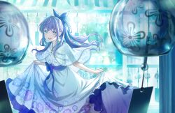 Rule 34 | 1girl, :d, asagao reijou (love live!), blue bow, blurry, blurry foreground, bow, dress, floral print dress, game cg, gradient dress, green eyes, hair bow, halter dress, halterneck, highres, link! like! love live!, long dress, long hair, love live!, official art, open mouth, otomune kozue, ponytail, purple dress, purple hair, skirt hold, sleeveless, sleeveless dress, smile, solo, teeth, third-party source, upper teeth only, virtual youtuber, white dress
