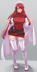 Rule 34 | 1girl, absurdres, aty (summon night), belt, beret, blue eyes, blush, boots, breasts, commentary request, cross-laced footwear, dress, fluegel (kaleido scope-710), full body, hat, highres, large breasts, long hair, long sleeves, looking at viewer, red hair, red sweater, ribbed sweater, smile, solo, standing, summon night, summon night 3, sweater, sweater dress, thigh boots, thighhighs, turtleneck, turtleneck sweater, white beret, white footwear, white hat