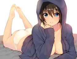 Rule 34 | 1girl, ass, backlighting, barefoot, bed, blue eyes, blurry, blush, breast rest, breasts, brown hair, character request, cleavage, collarbone, copyright request, depth of field, feet, female focus, hair between eyes, head rest, hood, hoodie, large breasts, legs up, lips, looking at viewer, looking to the side, lying, mataro (matarou), naked hoodie, no pants, on stomach, panties, parted lips, short hair, simple background, smile, solo, the pose, thighs, underwear, white background, white panties