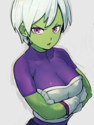 Rule 34 | 1girl, bodysuit, breasts, cheelai, colored skin, dragon ball, gloves, green skin, grey background, kemachiku, large breasts, medium breasts, purple bodysuit, purple eyes, short hair, simple background, skin tight, solo, tagme, upper body, white background, white hair