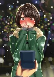 Rule 34 | 1girl, black hair, blush, brown eyes, chagataaa, coat, commentary request, couple, covering own mouth, full-face blush, marriage proposal, open mouth, original, pov, pun, ring box, short hair, sleeves past wrists, snow, solo focus, tears