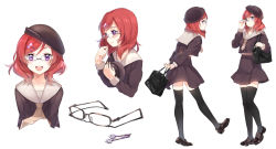 Rule 34 | 10s, 1girl, :d, bag, bespectacled, black thighhighs, casual, character sheet, female focus, glasses, hat, highres, loafers, love live!, love live! school idol festival, love live! school idol project, multiple views, nishikino maki, open mouth, purple eyes, red hair, school bag, school uniform, sheska xue, shoes, short hair, smile, thighhighs, uniform, upper body, white background