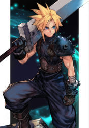 Rule 34 | 1boy, armor, baggy pants, biceps, blonde hair, blue eyes, blue pants, blue shirt, brown gloves, buster sword, cloud strife, feet out of frame, final fantasy, final fantasy vii, gloves, holding, holding sword, holding weapon, hungry clicker, male focus, over shoulder, pants, pauldrons, shirt, short hair, shoulder armor, single pauldron, sleeveless, sleeveless shirt, solo, spiked hair, square enix, studded gloves, sword, sword over shoulder, turtleneck, weapon, weapon over shoulder