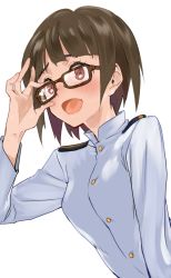 Rule 34 | 1girl, adjusting eyewear, blush, brown eyes, brown hair, buttons, commentary request, glasses, homare (homaredai), military, military uniform, open mouth, sakomizu haruka, simple background, solo, uniform, upper body, white background, world witches series
