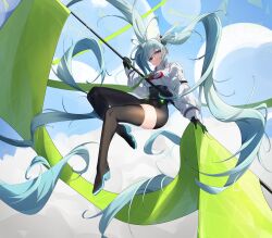 Rule 34 | 18301639225, 1girl, :3, absurdly long hair, absurdres, aqua eyes, aqua hair, black bodysuit, blue sky, bodysuit, boots, breasts, chinese commentary, cloud, commentary request, covered navel, cropped jacket, flag, goodsmile racing, green flag, hair ornament, hatsune miku, high heels, highres, holding, holding flag, long hair, long sleeves, medium breasts, race queen, racing miku, racing miku (2022), sky, solo, thigh boots, twintails, two-tone gloves, very long hair, vocaloid