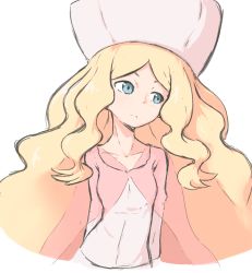 Rule 34 | 1girl, blonde hair, blue eyes, blush, breasts, caitlin (pokemon), closed mouth, collarbone, creatures (company), dress, elite four, game freak, hat, highres, julian0223, long hair, looking away, nintendo, pink dress, pink hat, pokemon, pokemon bw, small breasts, solo, very long hair, wavy hair, white background