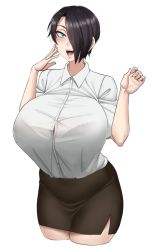 Rule 34 | 1girl, arms up, blouse, bra, breasts, curtain call challenge (meme), dress shirt, fangs, hair over one eye, highres, huge breasts, lace, lace-trimmed bra, lace trim, mature female, meme, open mouth, pencil skirt, saya (twrlare), see-through, see-through shirt, shirt, simple background, skirt, solo, tagme, twrlare, underwear, white background, white shirt