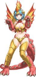 Rule 34 | 1girl, armor, bikini, bikini armor, blue hair, blush, boots, breasts, claws, cleavage, fingerless gloves, fins, gloves, head fins, large breasts, looking at viewer, maga jappa, monster girl, navel, open mouth, personification, red eyes, red footwear, red gloves, short hair, standing, suction cups, swimsuit, tail, takayamt031127, teeth, thigh boots, thighhighs, transparent background, ultra series, ultraman orb, yellow armor, yellow bikini