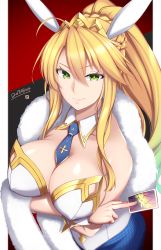 Rule 34 | 1girl, animal ears, artoria pendragon (all), artoria pendragon (fate), artoria pendragon (swimsuit ruler) (fate), bare shoulders, blonde hair, blue necktie, blue pantyhose, blush, braid, breasts, card, detached collar, fake animal ears, fate/grand order, fate (series), feather boa, fishnet pantyhose, fishnets, french braid, green eyes, highleg, highleg leotard, highres, large breasts, leotard, long hair, looking at viewer, mku, necktie, pantyhose, playboy bunny, playing card, ponytail, rabbit ears, sidelocks, smile, solo, tiara, white leotard, wrist cuffs
