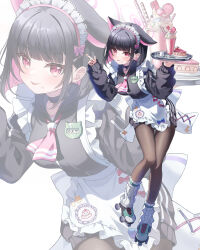 Rule 34 | 1girl, adapted costume, animal ears, apron, black choker, black hair, black hoodie, black nails, black pantyhose, blue archive, breasts, cat ears, cat girl, choker, collarbone, colored inner hair, food, food on face, frilled apron, frills, halo, highres, holding, holding tray, hood, hoodie, kazusa (blue archive), kinyouny, knees together feet apart, leaning forward, long sleeves, looking at viewer, loose socks, maid headdress, medium breasts, multicolored hair, nail polish, necktie, pantyhose, parfait, pink eyes, pink hair, pink necktie, roller shoes, shoes, short hair, short necktie, socks, solo, tart (food), thigh gap, thighs, tongue, tongue out, tray, waist apron, waitress