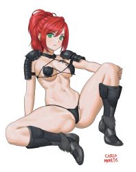 Rule 34 | &gt;:(, 1girl, arm support, armor, artist name, bikini, bikini armor, black bikini, black footwear, blush, boots, breasts, carlo montie, closed mouth, commentary, commission, english commentary, full body, green eyes, hand on own stomach, knee boots, knee up, leaning back, medium breasts, navel, original, pauldrons, ponytail, red hair, short hair, shoulder armor, simple background, sitting, solo, spread legs, stomach, swimsuit, the elder scrolls, the elder scrolls v: skyrim, underboob, v-shaped eyebrows, white background