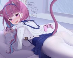 Rule 34 | 1girl, ahoge, animal ears, ass, blue hair, blue hairband, blue ribbon, blue skirt, blunt bangs, blush, braid, cat ears, cat girl, cat tail, commentary request, controller, extra ears, frilled shirt collar, frills, game controller, hairband, highres, holding, holding controller, holding game controller, hololive, hood, hood down, hooded jacket, indoors, jacket, long hair, long sleeves, looking at viewer, looking back, lying, minato aqua, minato aqua (sailor), multicolored hair, neko (minato aqua), on bed, on stomach, panties, panties under pantyhose, pantyhose, pillow, pink hair, pleated skirt, purple eyes, rain, ribbon, shirt, skirt, solo, tail, tail ornament, tail ribbon, tojo aoi, translation request, twin braids, twintails, two-tone hair, underwear, virtual youtuber, white jacket, white panties, white pantyhose, white shirt, window