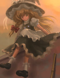 Rule 34 | 1girl, absurdres, apron, blonde hair, bow, braid, broom, from below, hair bow, hat, hat ribbon, highres, kirisame marisa, light frown, long hair, looking at viewer, puffy short sleeves, puffy sleeves, ribbon, shoes, short sleeves, single braid, sitting, skirt, skirt set, socks, solo, syuraime 0, touhou, twilight, waist apron, wall, wind, witch hat, yellow eyes