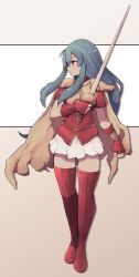 Rule 34 | 1girl, armor, blue eyes, blue hair, boots, bracelet, breastplate, cape, closed mouth, eirika (fire emblem), fingerless gloves, fire emblem, fire emblem: the sacred stones, full body, gloves, highres, jewelry, lamb-oic029, long hair, looking away, looking to the side, miniskirt, nintendo, pauldrons, profile, red footwear, red gloves, red shirt, shirt, short sleeves, shoulder armor, sidelocks, skirt, solo, thigh boots, thighhighs, two-tone background, very long hair, white skirt, yellow cape, zettai ryouiki