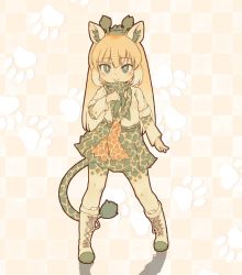 Rule 34 | 1girl, :&gt;, animal ears, animal print, belt, black skirt, blonde hair, blue eyes, blush, boots, closed mouth, cross-laced footwear, full body, giraffe ears, giraffe horns, giraffe print, giraffe tail, hand on own chest, highres, horns, kemono friends, kolshica, lace-up boots, leopard print, long hair, looking at viewer, paw print, reticulated giraffe (kemono friends), skirt, smile, solo, tail, very long hair, white footwear, white hair, white legwear