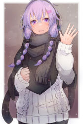 Rule 34 | 1girl, black scarf, blush, braid, commentary, furrowed brow, hair tie, hand up, highres, kujira hebi, light smile, open mouth, poncho, purple eyes, purple hair, scarf, side braids, sidelocks, snowing, solo, sweater, symbol-only commentary, tears, upper body, vocaloid, voiceroid, waving, white sweater, yuzuki yukari
