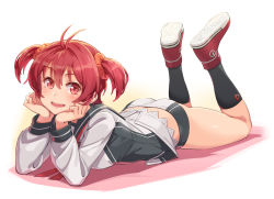 Rule 34 | 1girl, antenna hair, ass, black socks, blush, duplicate, hair ornament, hair scrunchie, hands on own face, highres, isshiki akane, legs up, long sleeves, looking at viewer, lying, michairu, national shin ooshima school uniform, on stomach, red eyes, red hair, school uniform, scrunchie, shoes, short shorts, short twintails, shorts, simple background, smile, socks, solo, twintails, vividred operation, white background