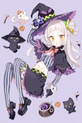 Rule 34 | 1girl, absurdres, asami-chan, black capelet, black gloves, black hat, blush, breasts, capelet, cat, cropped shirt, dress, gloves, gradient eyes, hair bun, hair ornament, halloween costume, hat, highres, hololive, large hat, long sleeves, multicolored eyes, murasaki shion, murasaki shion (1st costume), navel, open mouth, pumpkin, purple background, purple hat, purple thighhighs, simple background, small breasts, striped clothes, thighhighs, vertical-striped clothes, virtual youtuber, white hair, witch, witch hat