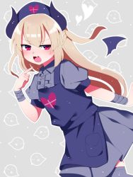 Rule 34 | 1girl, absurdres, alternate color, apron, bat wings, black apron, black dress, black hat, blonde hair, dress, fang, hat, heart, heart print, highres, horns, long hair, looking at viewer, natori sana, nurse cap, open mouth, red eyes, sana channel, simple background, skin fang, solo, virtual youtuber, white background, wings, you (noanoamoemoe)