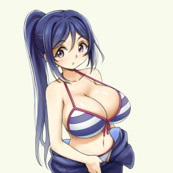Rule 34 | 10s, 1girl, bikini, blue hair, blush, bodysuit, breasts, cleavage, collarbone, colorized, diving suit, front-tie top, large breasts, long hair, looking at viewer, love live!, love live! school idol project, love live! sunshine!!, matsuura kanan, navel, open mouth, pas (paxiti), ponytail, purple eyes, revision, simple background, solo, strap gap, striped bikini, striped clothes, swimsuit, undressing, upper body, very long hair, wetsuit