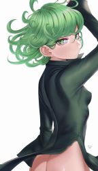 Rule 34 | 1girl, arm up, ass, black dress, breasts, closed mouth, curly hair, dress, green eyes, green hair, highres, long sleeves, looking at viewer, medium hair, nanja, one-punch man, side slit, signature, simple background, small breasts, solo, tatsumaki, upper body, white background